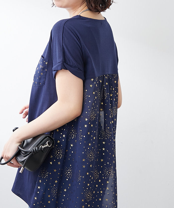 ナイスクラップ NICE CLAUP 大人の遊び心くすぐる異素材切替Tシャツ （NVY） NVY