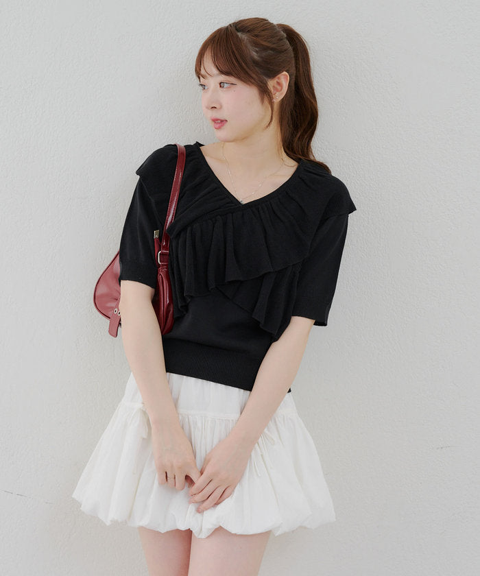 ナイスクラップ NICE CLAUP 【RMAF】クロスフリル半袖ニット （BLG） BLG