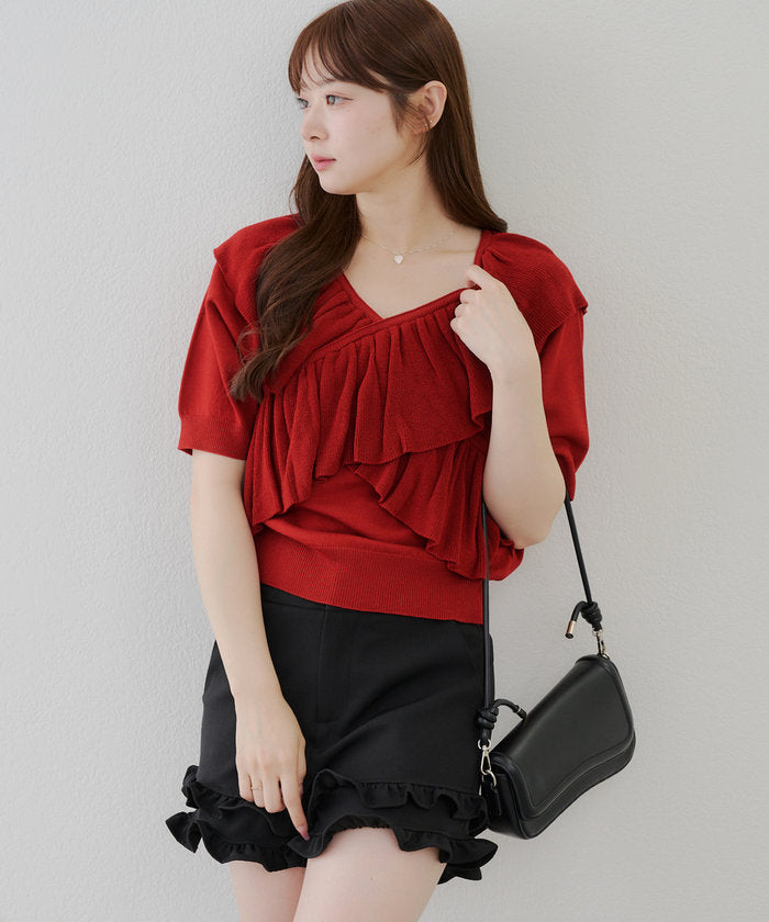ナイスクラップ NICE CLAUP 【RMAF】クロスフリル半袖ニット （BLG） BLG