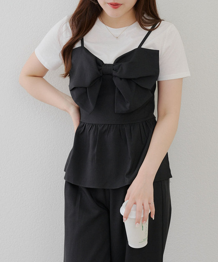 ナイスクラップ NICE CLAUP 【SET UP】ドッキングリボントップス×タックワイドパンツ （BL） BL