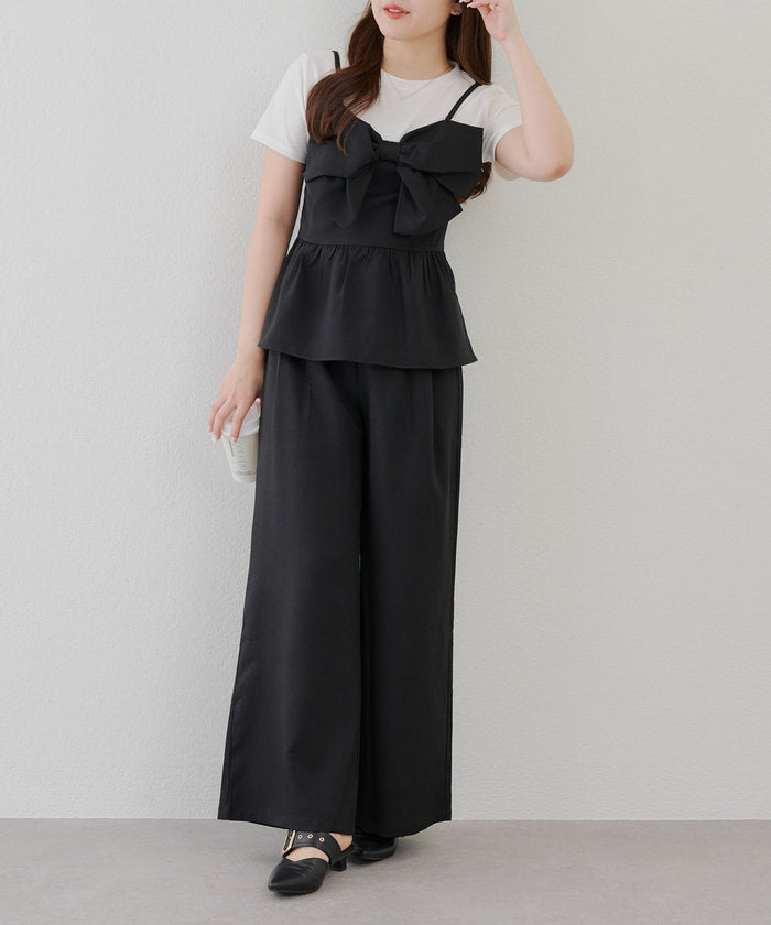 ナイスクラップ NICE CLAUP 【SET UP】ドッキングリボントップス×タックワイドパンツ （BL） BL