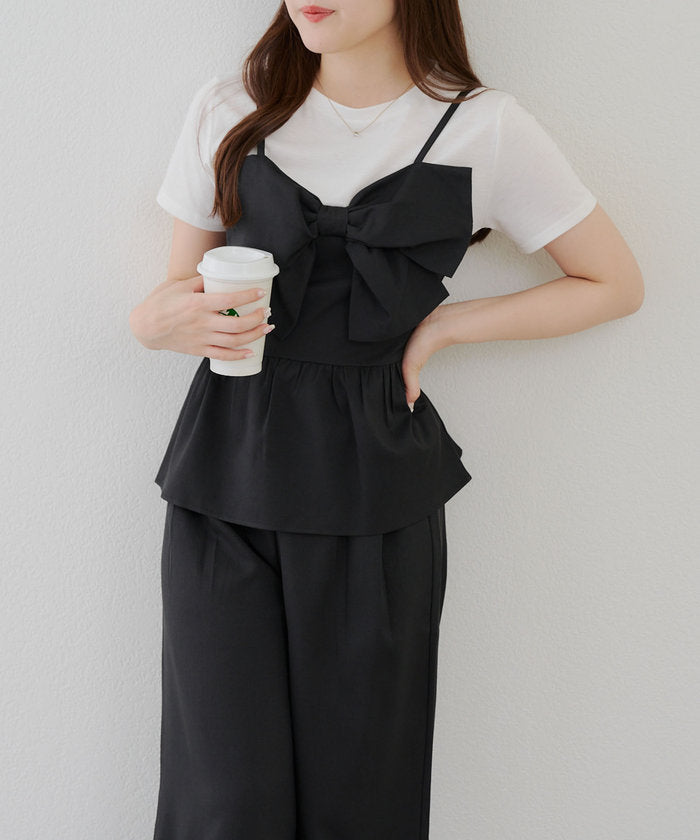 ナイスクラップ NICE CLAUP 【SET UP】ドッキングリボントップス×タックワイドパンツ （BL） BL