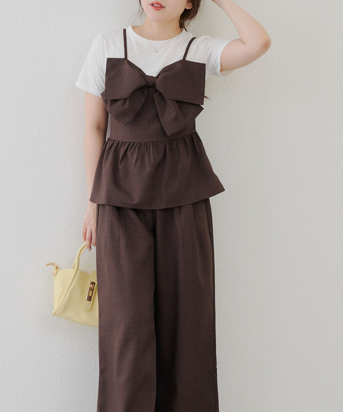 ナイスクラップ NICE CLAUP 【SET UP】ドッキングリボントップス×タックワイドパンツ （BL） BL