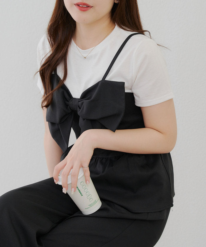 ナイスクラップ NICE CLAUP 【SET UP】ドッキングリボントップス×タックワイドパンツ （BK） BK