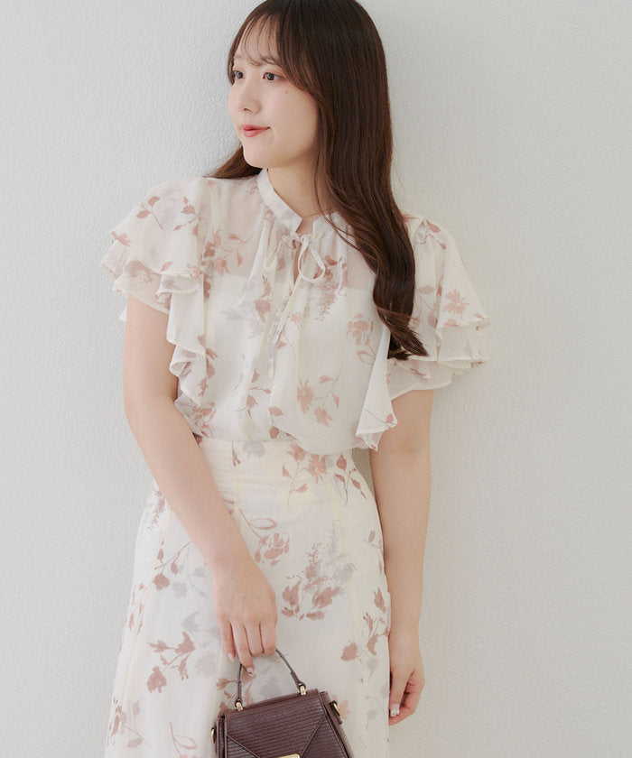 ナイスクラップ NICE CLAUP 【WEB先行予約】【SETUP対応】ぼかし花柄フレア袖ブラウス （BR） BR