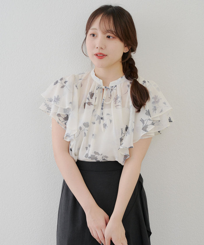 ナイスクラップ NICE CLAUP 【WEB先行予約】【SETUP対応】ぼかし花柄フレア袖ブラウス （BR） BR