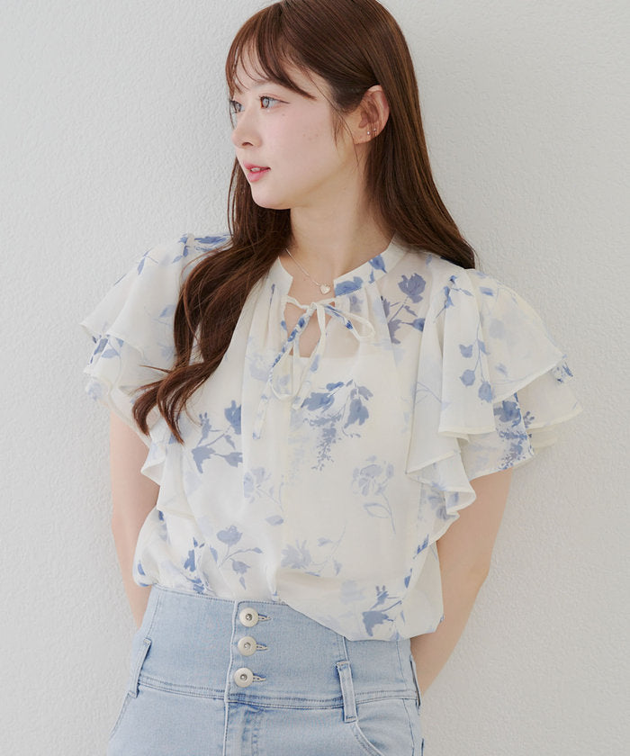 ナイスクラップ NICE CLAUP 【WEB先行予約】【SETUP対応】ぼかし花柄フレア袖ブラウス （BR） BR