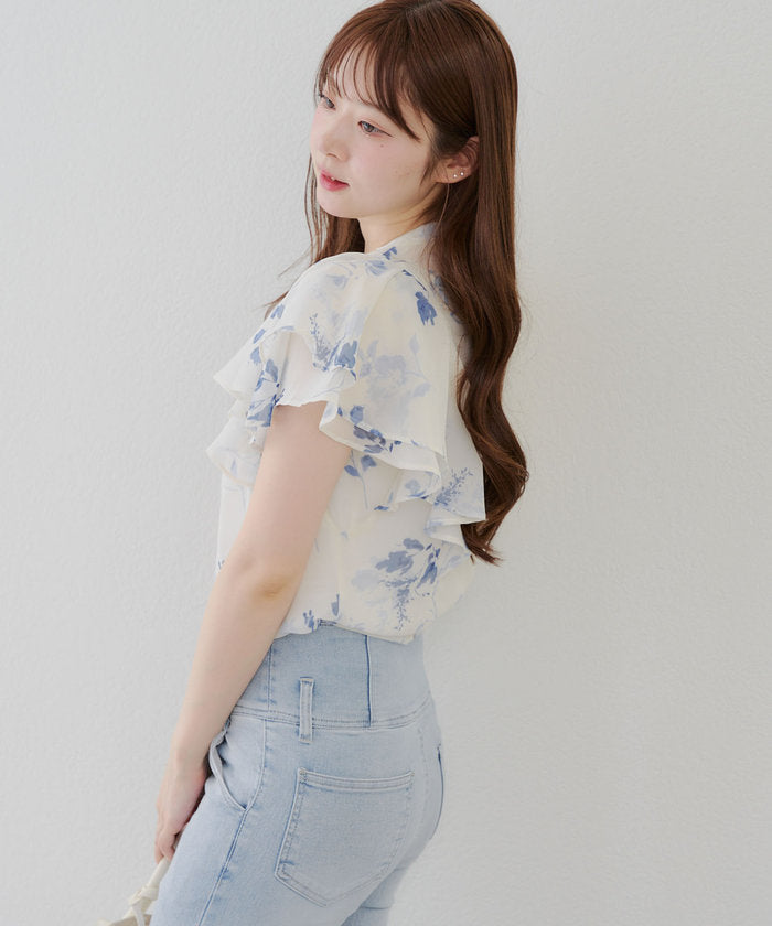 ナイスクラップ NICE CLAUP 【WEB先行予約】【SETUP対応】ぼかし花柄フレア袖ブラウス （BR） BR