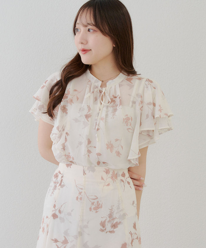ナイスクラップ NICE CLAUP 【WEB先行予約】【SETUP対応】ぼかし花柄フレア袖ブラウス （BR） BR