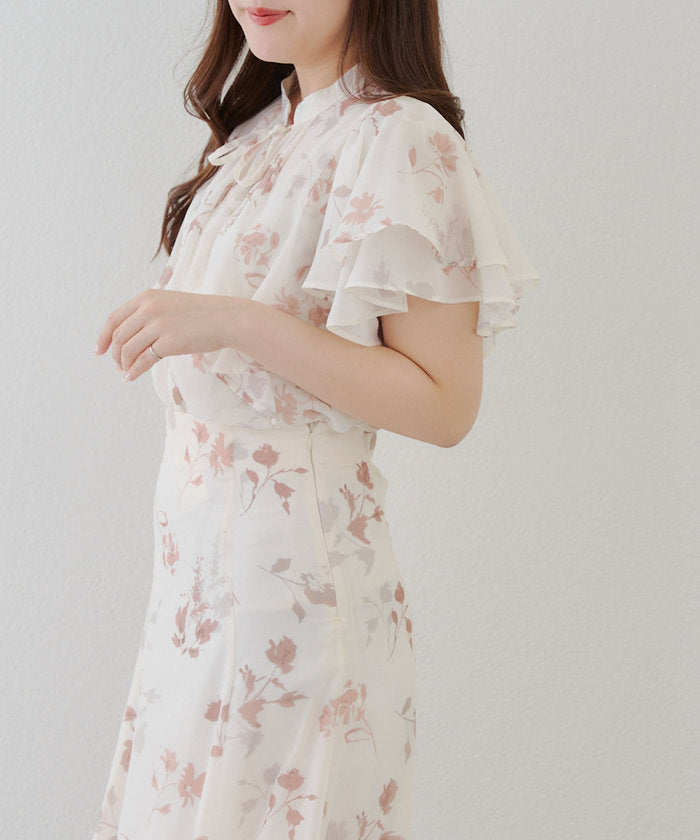 ナイスクラップ NICE CLAUP 【WEB先行予約】【SETUP対応】ぼかし花柄フレア袖ブラウス （BR） BR