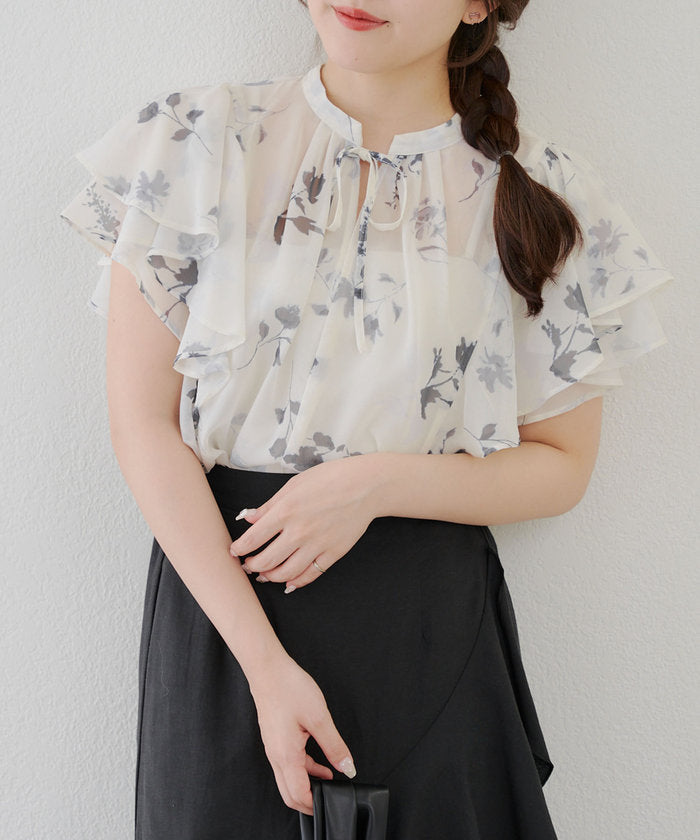 ナイスクラップ NICE CLAUP 【WEB先行予約】【SETUP対応】ぼかし花柄フレア袖ブラウス （GY） GY