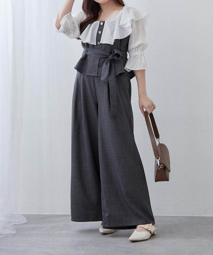ナイスクラップ NICE CLAUP 【RMAF】【2枚セット】麻風素材の色々ぼたんキャミ+パンツセット （CGY） CGY