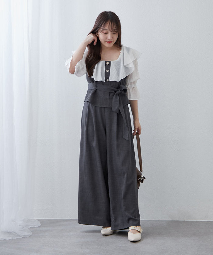 ナイスクラップ NICE CLAUP 【RMAF】【2枚セット】麻風素材の色々ぼたんキャミ+パンツセット （CGY） CGY
