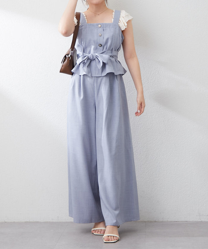 ナイスクラップ NICE CLAUP 【RMAF】【2枚セット】麻風素材の色々ぼたんキャミ+パンツセット （CGY） CGY
