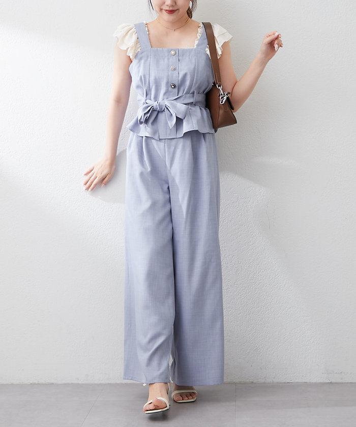 ナイスクラップ NICE CLAUP 【RMAF】【2枚セット】麻風素材の色々ぼたんキャミ+パンツセット （CGY） CGY