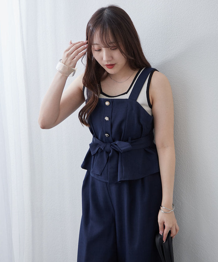 ナイスクラップ NICE CLAUP 【RMAF】【2枚セット】麻風素材の色々ぼたんキャミ+パンツセット （CGY） CGY