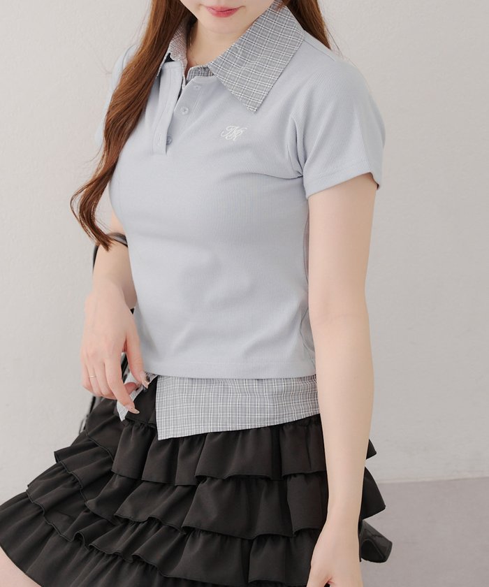 ナイスクラップ NICE CLAUP 【@re.__mi23セレクト】フェイクシャツレイヤードトップス （NVY） NVY
