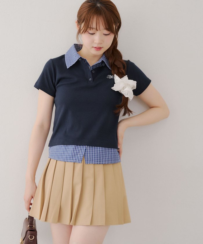 ナイスクラップ NICE CLAUP 【@re.__mi23セレクト】フェイクシャツレイヤードトップス （NVY） NVY