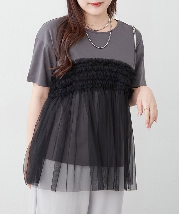 ナイスクラップ NICE CLAUP チュールフリルドッキングTシャツ （CGY） CGY