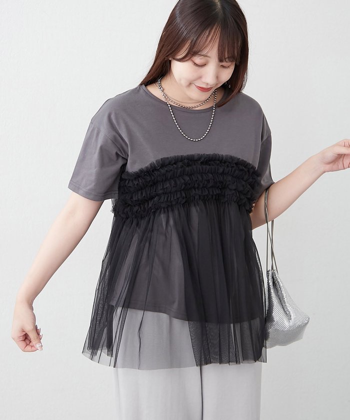 ナイスクラップ NICE CLAUP チュールフリルドッキングTシャツ （CGY） CGY