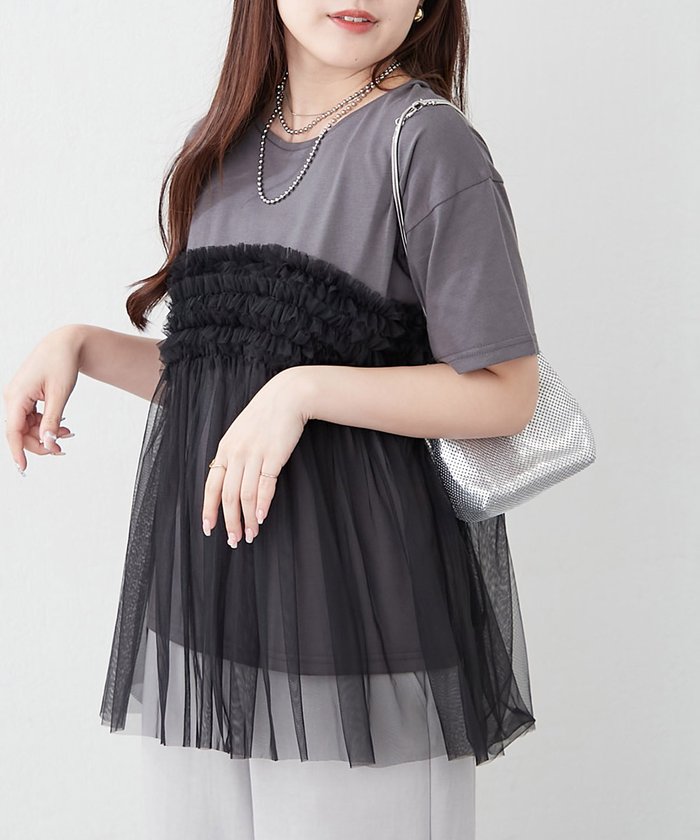 ナイスクラップ NICE CLAUP チュールフリルドッキングTシャツ （CGY） CGY