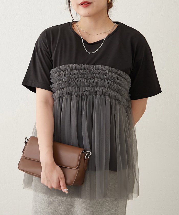 ナイスクラップ NICE CLAUP チュールフリルドッキングTシャツ （CGY） CGY