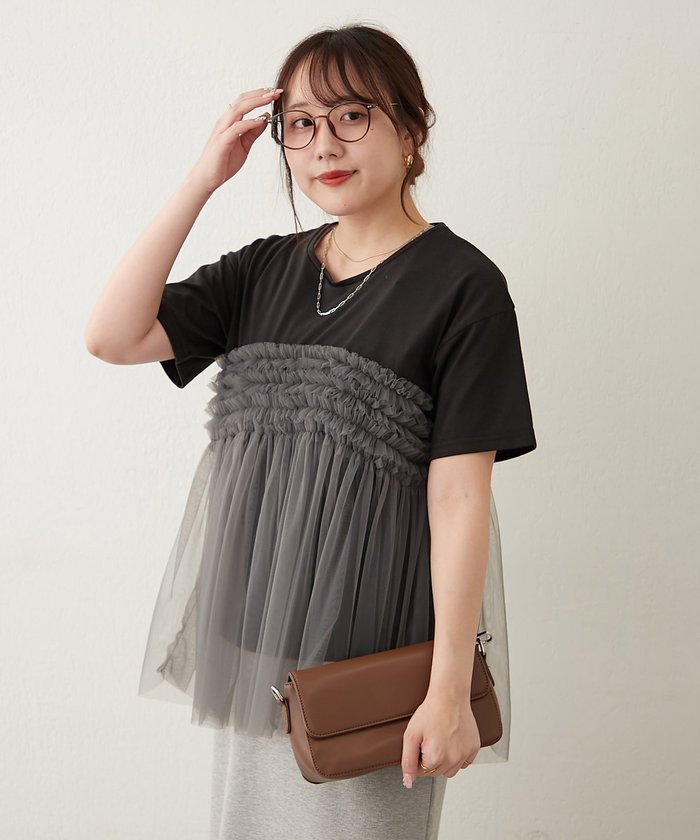 ナイスクラップ NICE CLAUP チュールフリルドッキングTシャツ （CGY） CGY