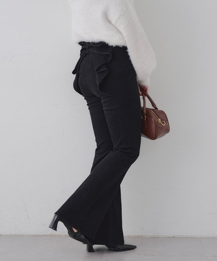 ナイスクラップ NICE CLAUP 【後ろ姿まで可愛い】リボンデニムフレアパンツ （BL） BL