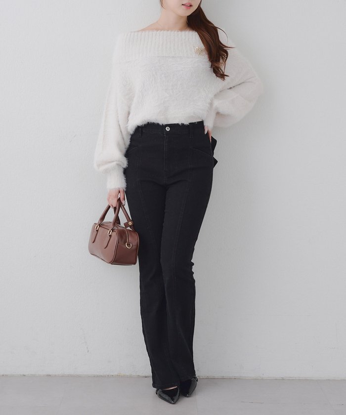 ナイスクラップ NICE CLAUP 【後ろ姿まで可愛い】リボンデニムフレアパンツ （BL） BL