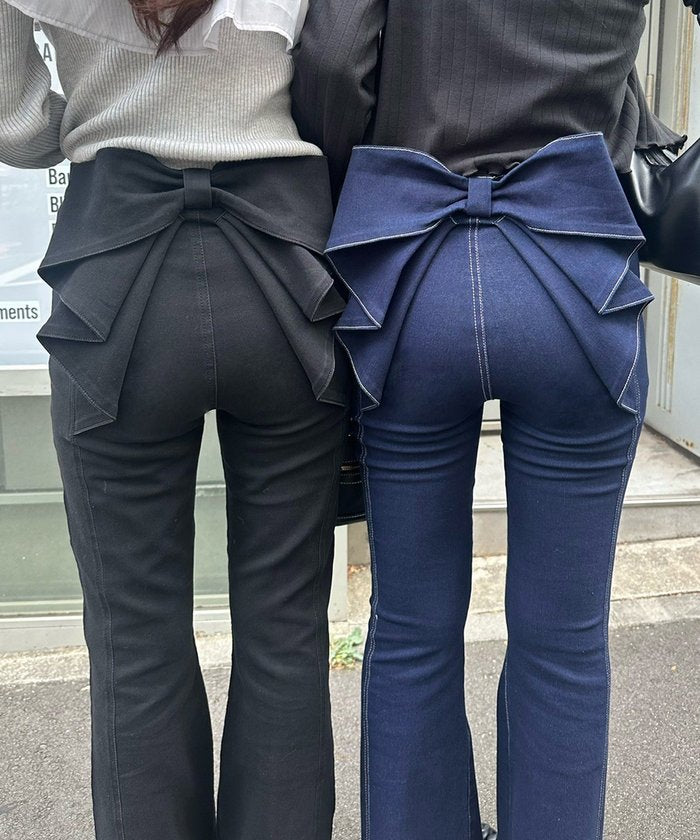 ナイスクラップ NICE CLAUP 【後ろ姿まで可愛い】リボンデニムフレアパンツ （BL） BL