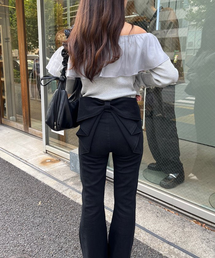 ナイスクラップ NICE CLAUP 【後ろ姿まで可愛い】リボンデニムフレアパンツ （BL） BL