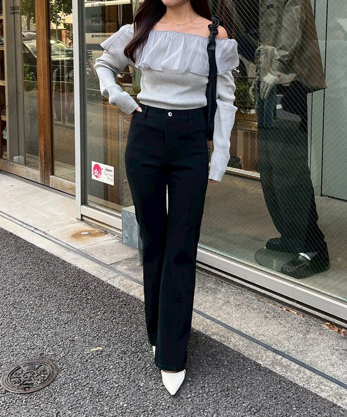 ナイスクラップ NICE CLAUP 【後ろ姿まで可愛い】リボンデニムフレアパンツ （BL） BL