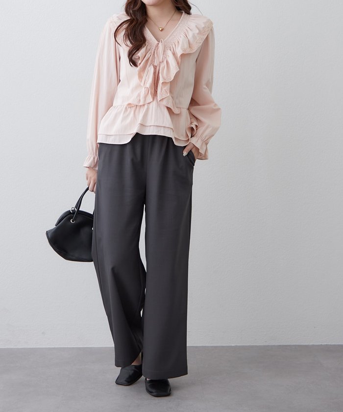 ナイスクラップ NICE CLAUP らくちんな着心地、リラックスイージーワイドパンツ （GY） GY