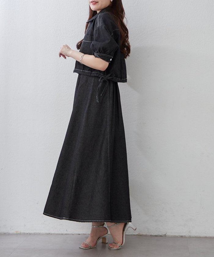 ナイスクラップ NICE CLAUP 【きれいめセットアップ】デニム5分袖ブルゾン＋キャミワンピース （BK） BK