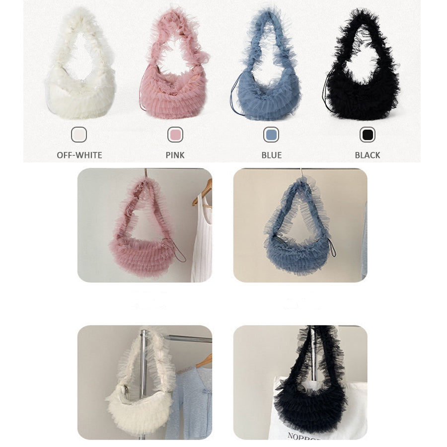Nijibra fluffy tulle frill shoulder bag tote bag Korean fashion for teens and twenties commuting and school tulle bag frill bag mini bag