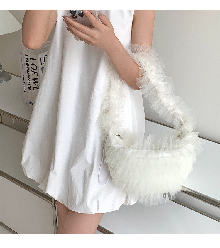 Nijibra fluffy tulle frill shoulder bag tote bag Korean fashion for teens and twenties commuting and school tulle bag frill bag mini bag