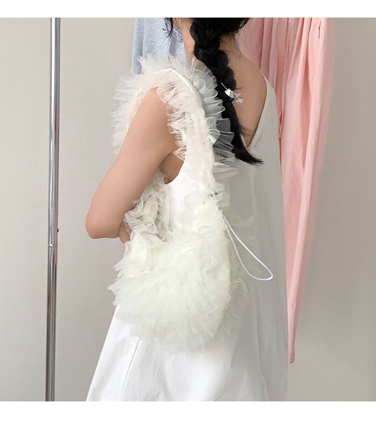 Nijibra fluffy tulle frill shoulder bag tote bag Korean fashion for teens and twenties commuting and school tulle bag frill bag mini bag