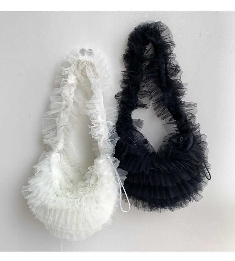 Nijibra fluffy tulle frill shoulder bag tote bag Korean fashion for teens and twenties commuting and school tulle bag frill bag mini bag