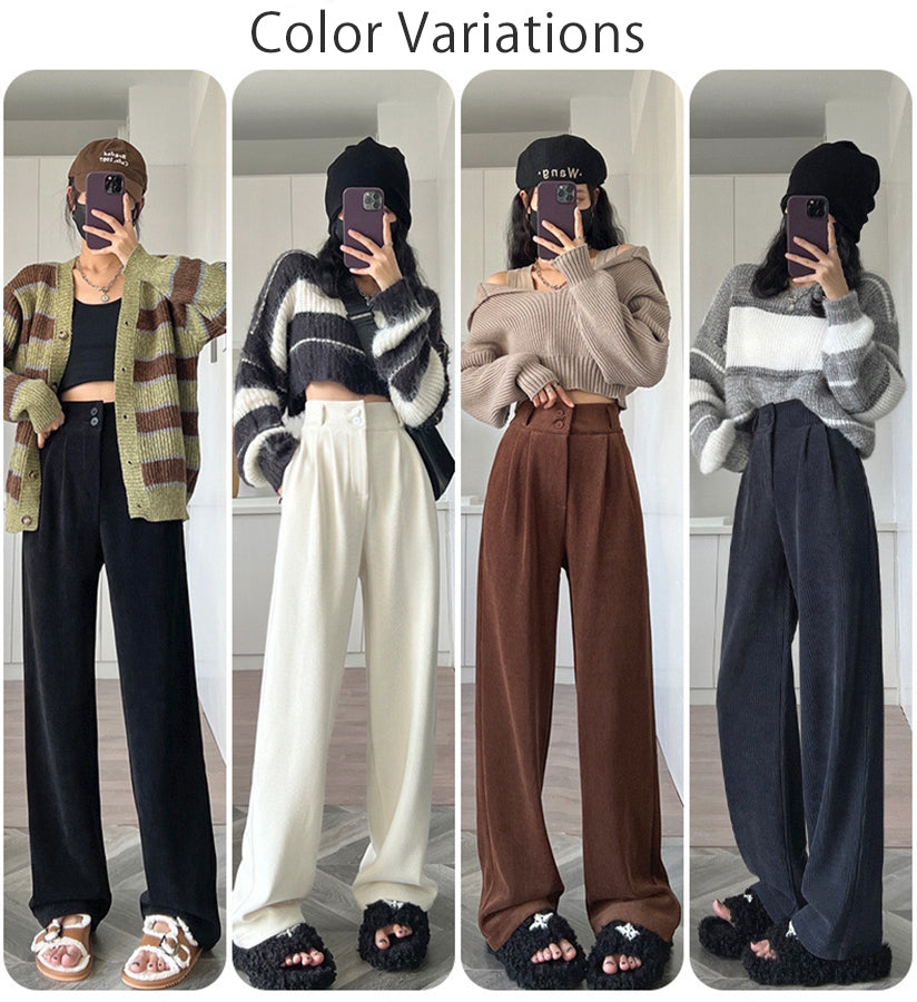 ニジブラ nijibra 楽して美脚 コーデュロイワイドパンツ ツータック スラックス タックパンツ ウエストゴム ハイウエスト 韓国ファッション 低身長 オフィススタイル 大きいサイズ 体型カバー