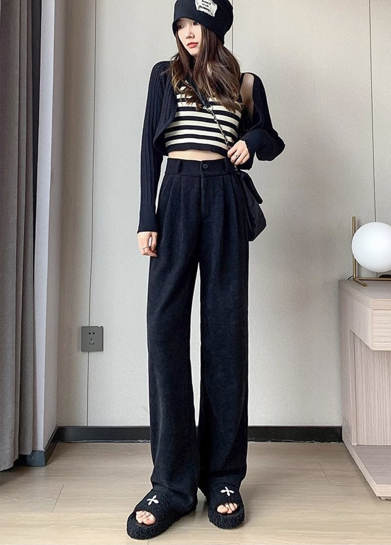 ニジブラ nijibra 楽して美脚 コーデュロイワイドパンツ ツータック スラックス タックパンツ ウエストゴム ハイウエスト 韓国ファッション 低身長 オフィススタイル 大きいサイズ 体型カバー,ブラック