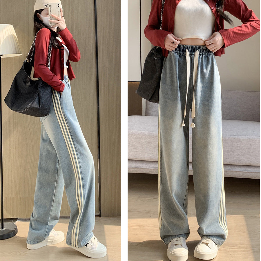 ニジブラ nijibra サイドラインデニムワイドパンツ デニムレディース ジーンズ ワイドパンツ サイドラインパンツ パンツ・ズボン 韓国ファッション ハイウエスト ウエストゴム デニムパンツ