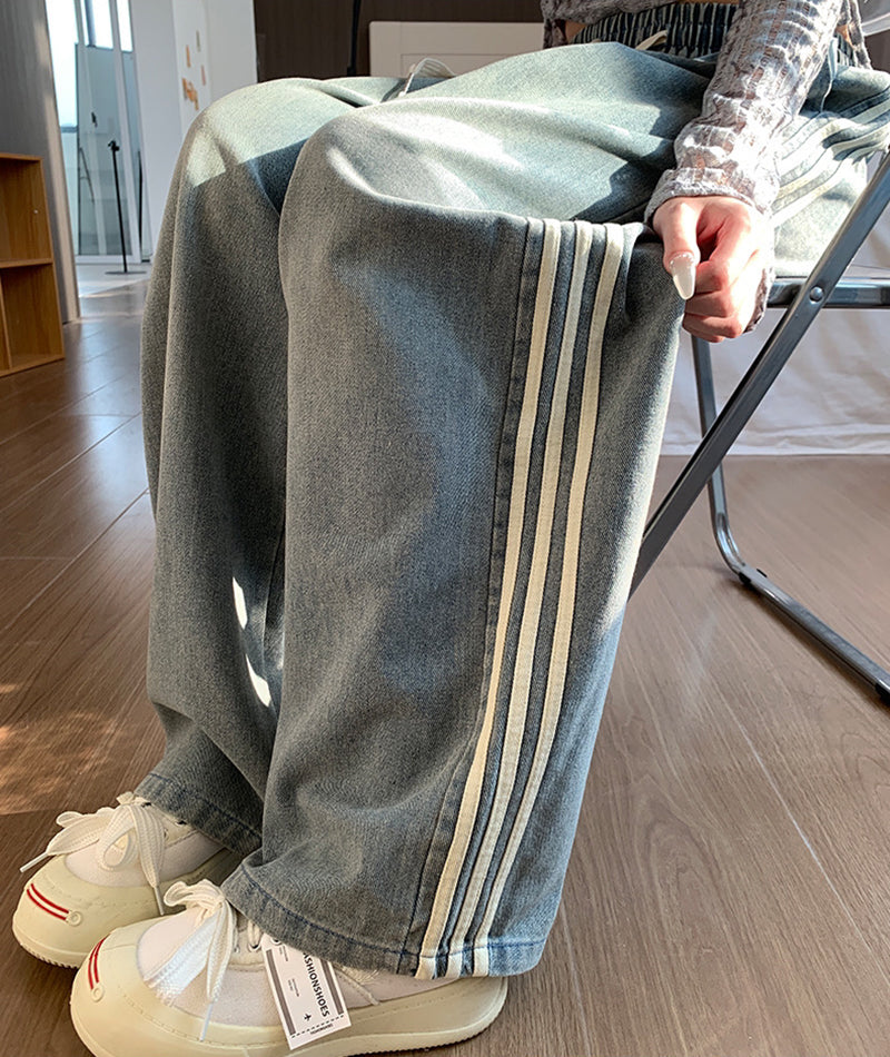 ニジブラ nijibra サイドラインデニムワイドパンツ デニムレディース ジーンズ ワイドパンツ サイドラインパンツ パンツ・ズボン 韓国ファッション ハイウエスト ウエストゴム デニムパンツ