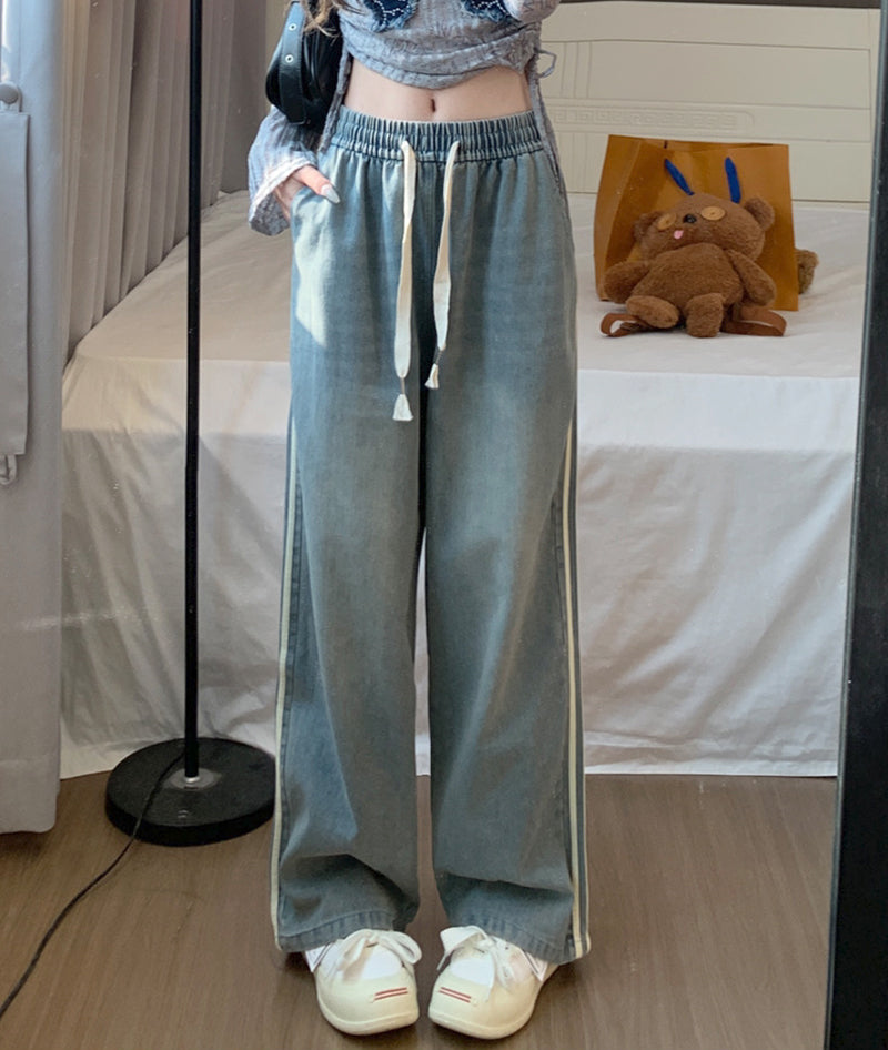 ニジブラ nijibra サイドラインデニムワイドパンツ デニムレディース ジーンズ ワイドパンツ サイドラインパンツ パンツ・ズボン 韓国ファッション ハイウエスト ウエストゴム デニムパンツ