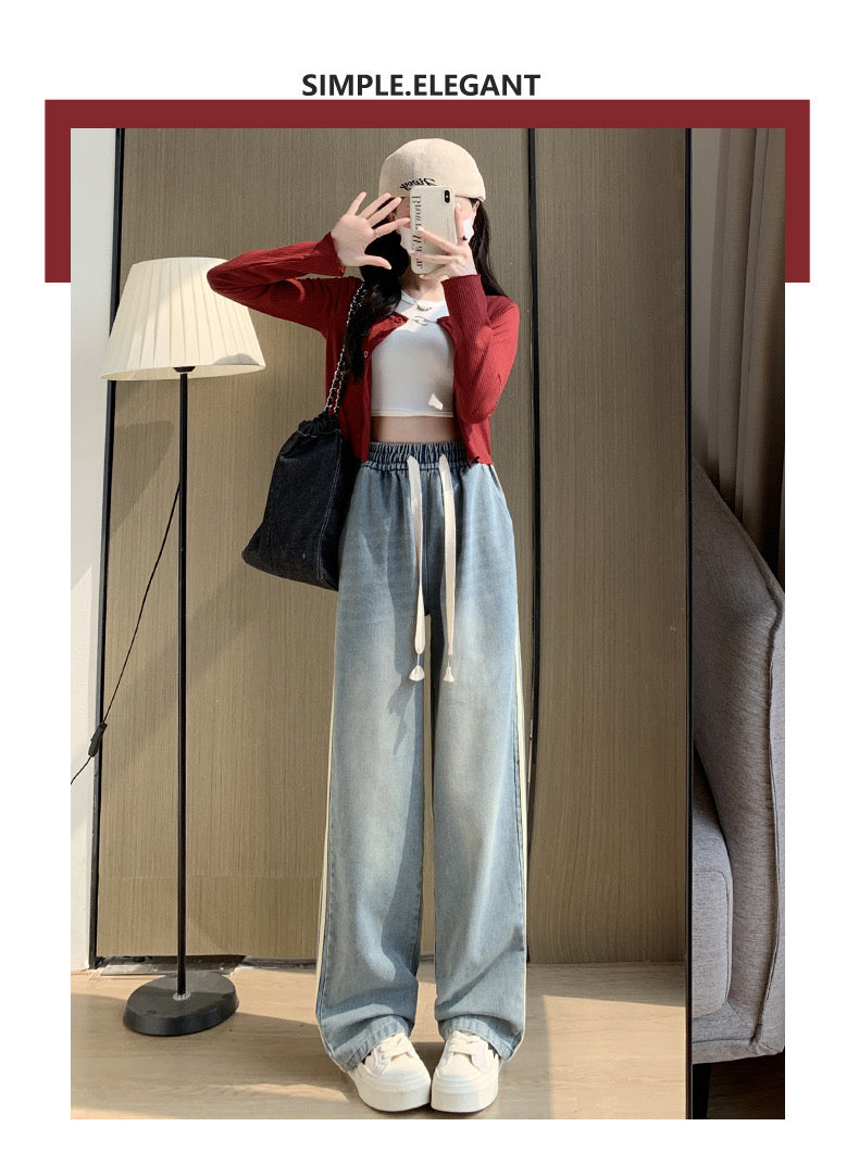 ニジブラ nijibra サイドラインデニムワイドパンツ デニムレディース ジーンズ ワイドパンツ サイドラインパンツ パンツ・ズボン 韓国ファッション ハイウエスト ウエストゴム デニムパンツ