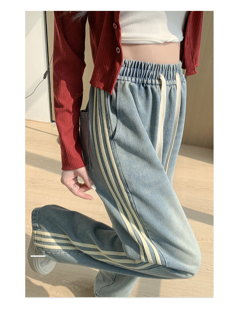 ニジブラ nijibra サイドラインデニムワイドパンツ デニムレディース ジーンズ ワイドパンツ サイドラインパンツ パンツ・ズボン 韓国ファッション ハイウエスト ウエストゴム デニムパンツ