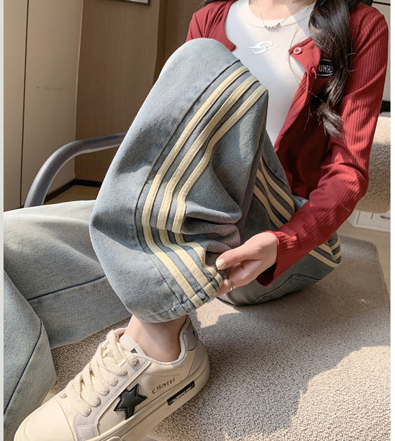 ニジブラ nijibra サイドラインデニムワイドパンツ デニムレディース ジーンズ ワイドパンツ サイドラインパンツ パンツ・ズボン 韓国ファッション ハイウエスト ウエストゴム デニムパンツ