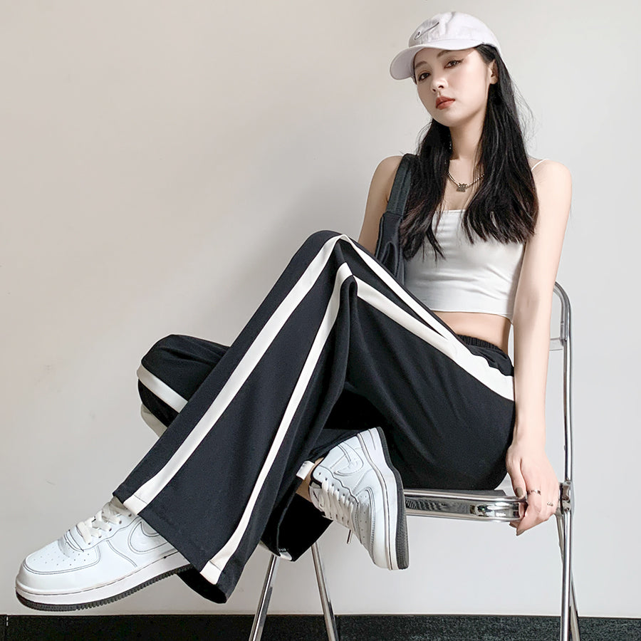 ニジブラ nijibra 接触冷感サイドラインワイドパンツ カジュアルパンツ イージーパンツ 足長効果 美脚パンツ ハイウエスト ウエストゴム 韓国ファッション パンツレディース （ブラック） ブラック