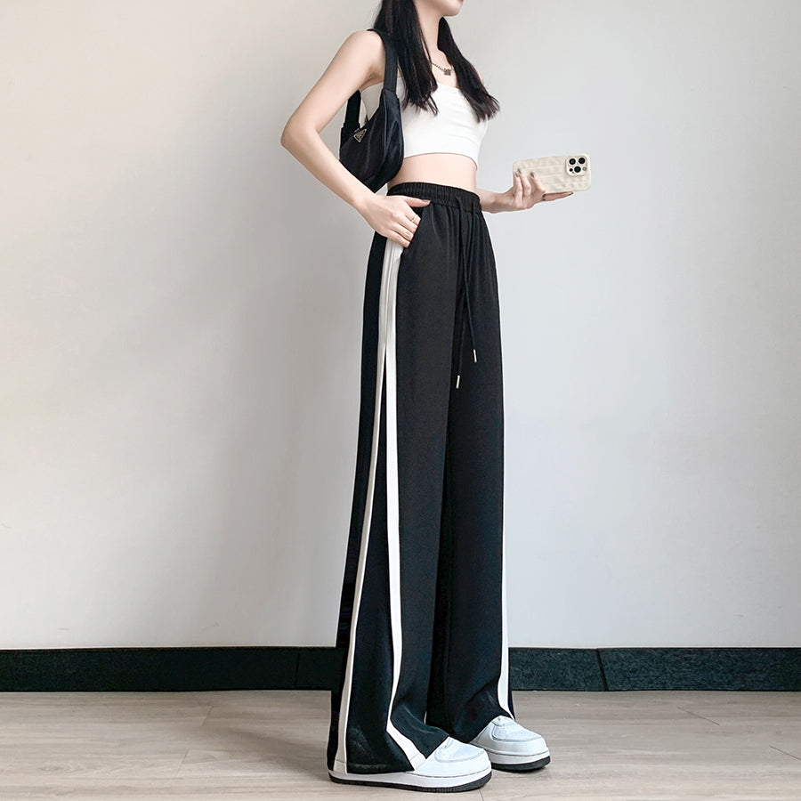 ニジブラ nijibra 接触冷感サイドラインワイドパンツ カジュアルパンツ イージーパンツ 足長効果 美脚パンツ ハイウエスト ウエストゴム 韓国ファッション パンツレディース （ブラック） ブラック
