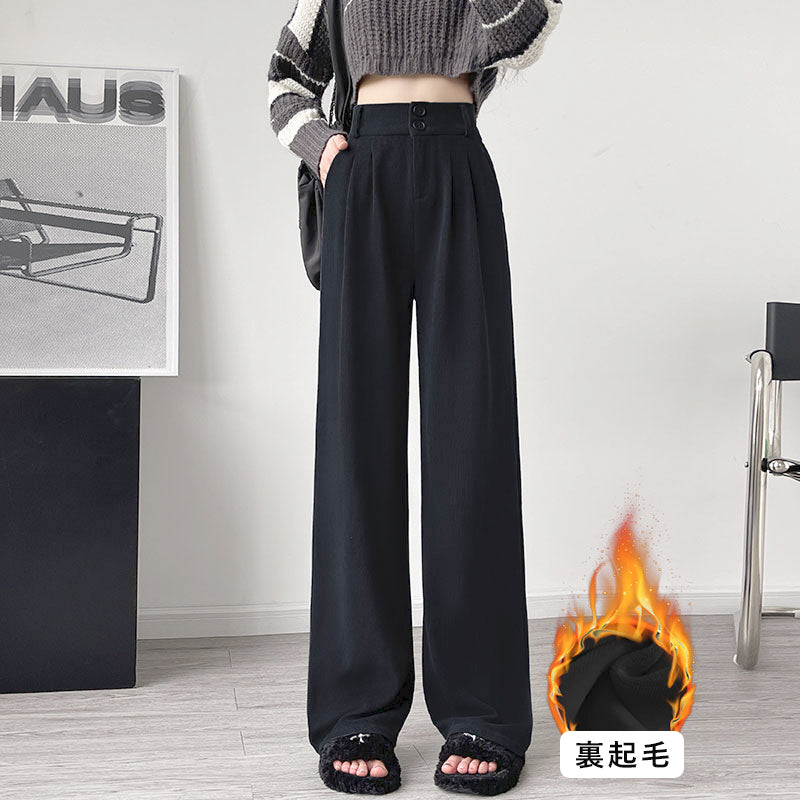 ニジブラ nijibra ウエストゴム 裏起毛タックワイドパンツ 裏起毛パンツ スラックス タックパンツ ハイウエスト 韓国ファッション 低身長 オフィススタイル S M L XL,BK