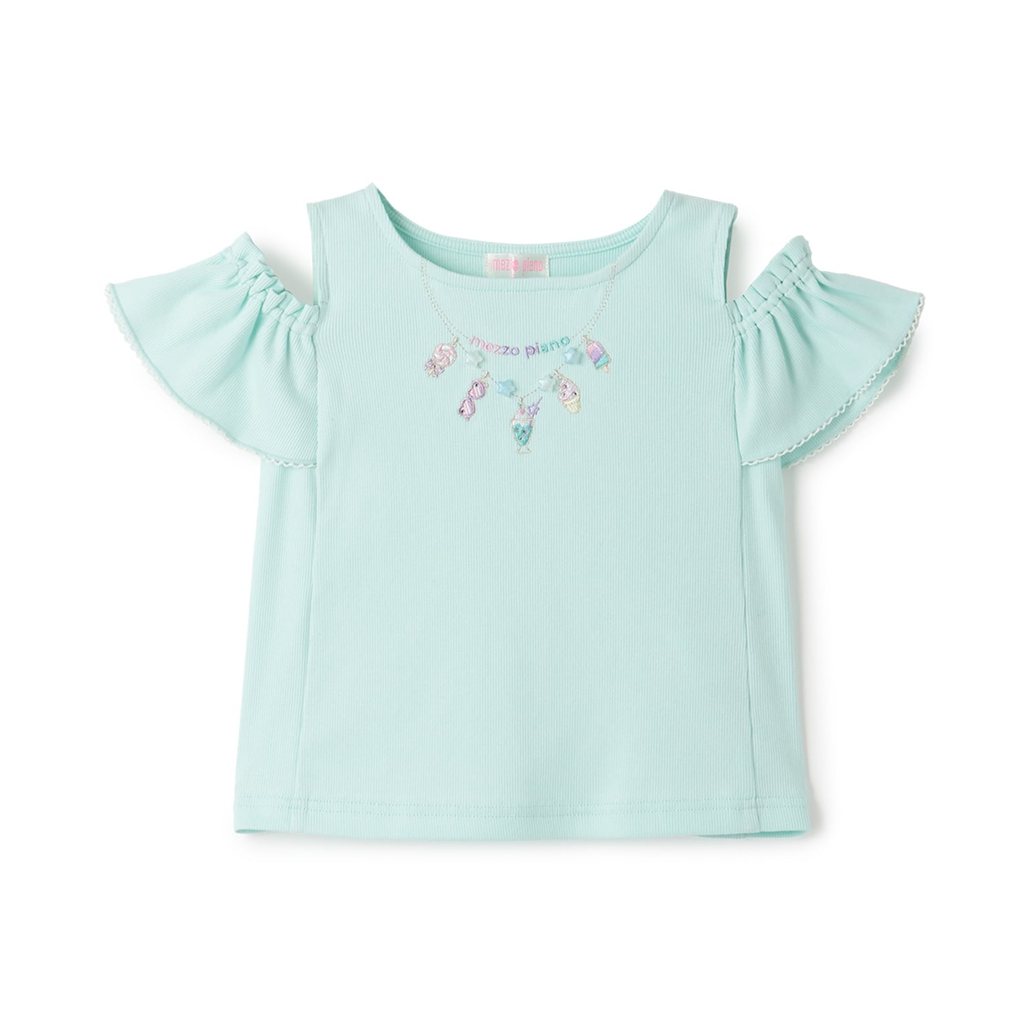 メゾピアノ mezzo piano ネックレス刺しゅう 肩開き2way 半袖Tシャツ （ミント） ミント